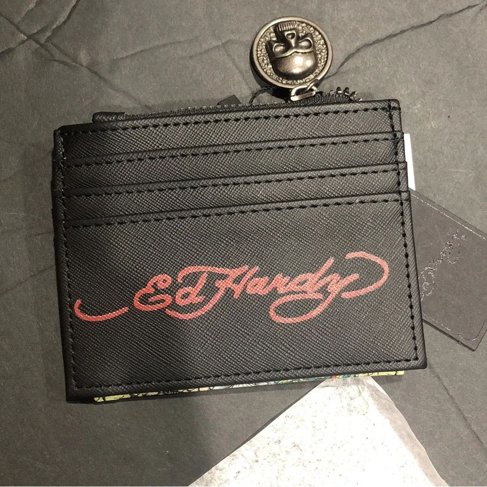 Ed Hardy black bifold‎ ed hardy multi graphics print slim card case brand new
